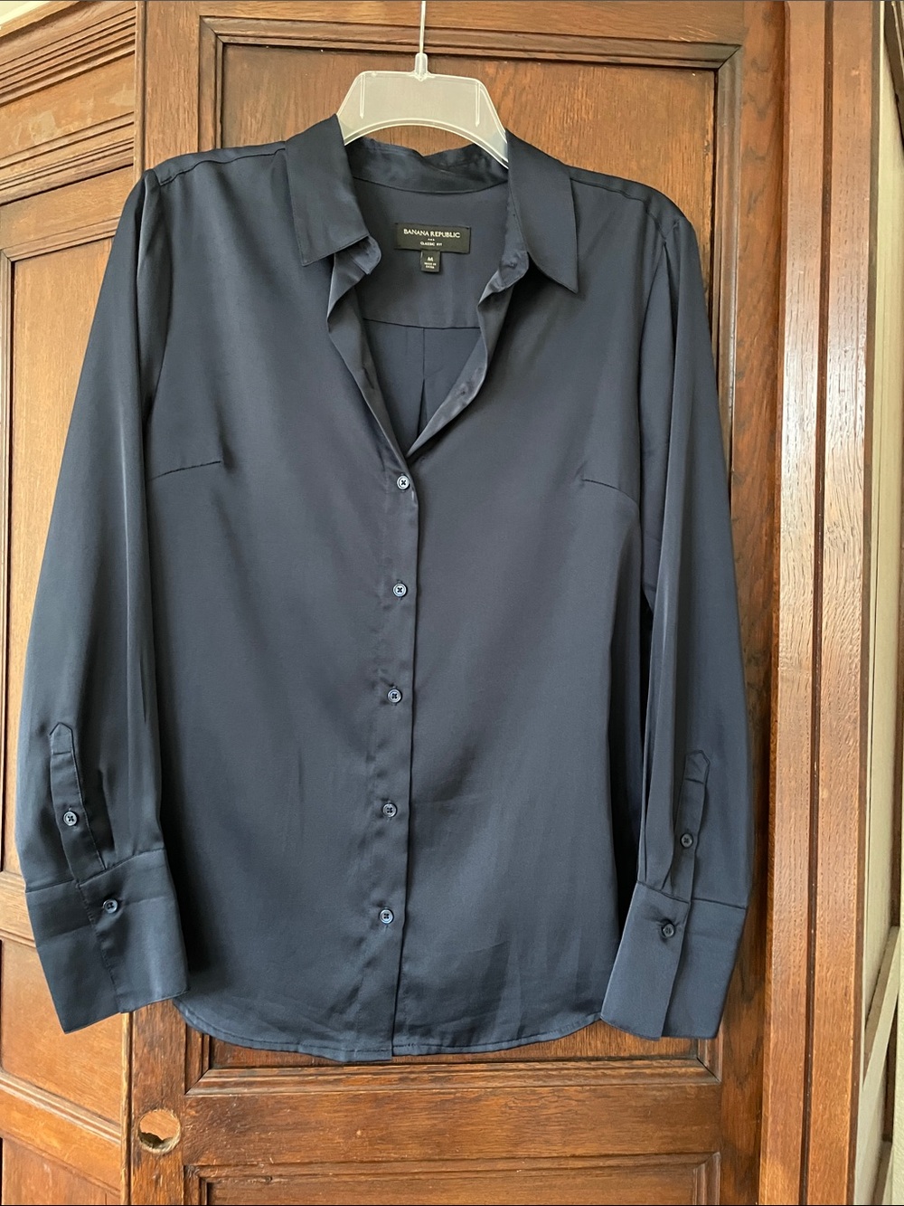 Banana Republic Navy Blue Satin Button Down Shirt Top Blouse NWOT